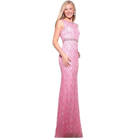 Vienna Prom Pink w/Crystals Vienna 1034 Size 0 Long Lace Prom Dress Pageant Gown - Picture 1 of 16